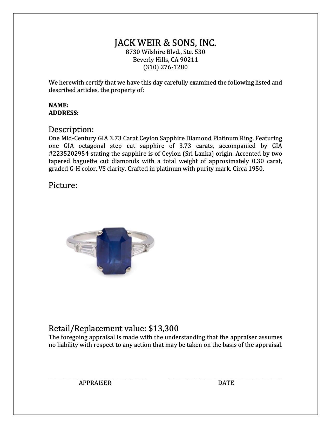 Women's or Men's Mid-Century GIA 3.73 Carat Ceylon Sapphire Diamond Platinum Ring