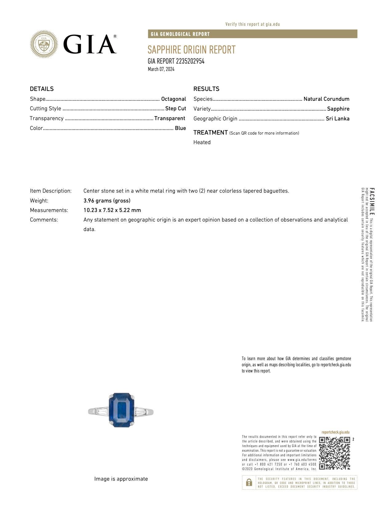 Mid-Century GIA 3.73 Carat Ceylon Sapphire Diamond Platinum Ring For Sale 1