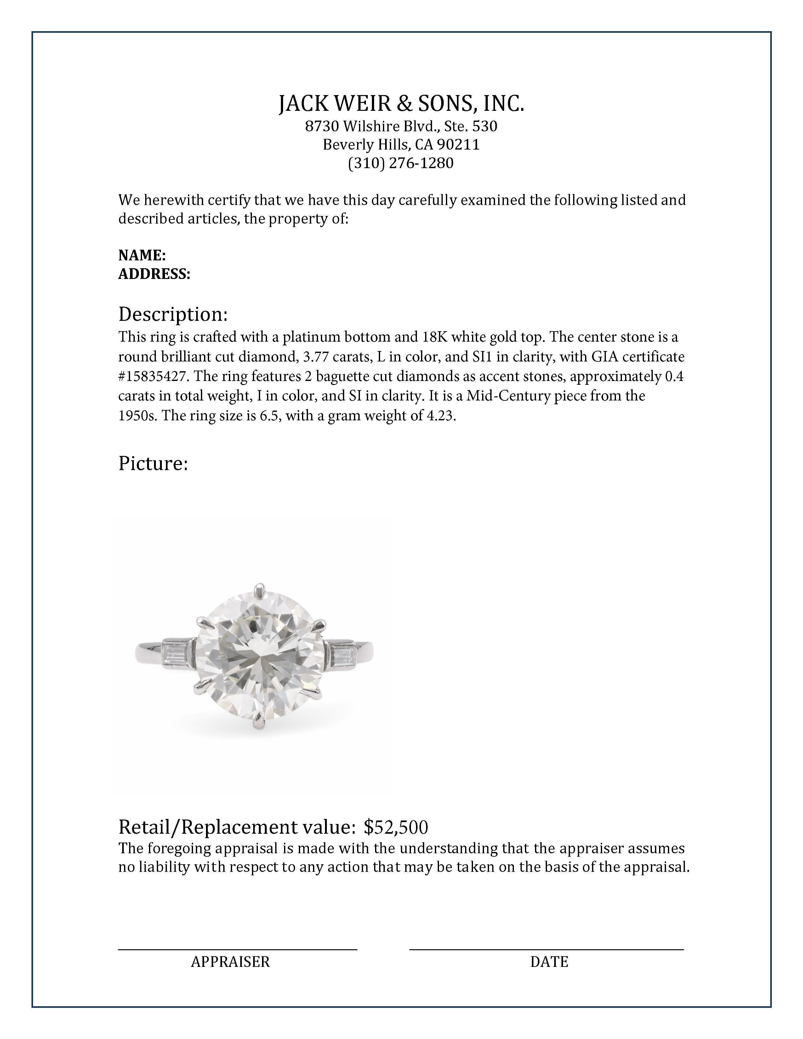 Mid-Century GIA 3.77 Carat Round Diamond Platinum Engagement Ring In Excellent Condition In Beverly Hills, CA