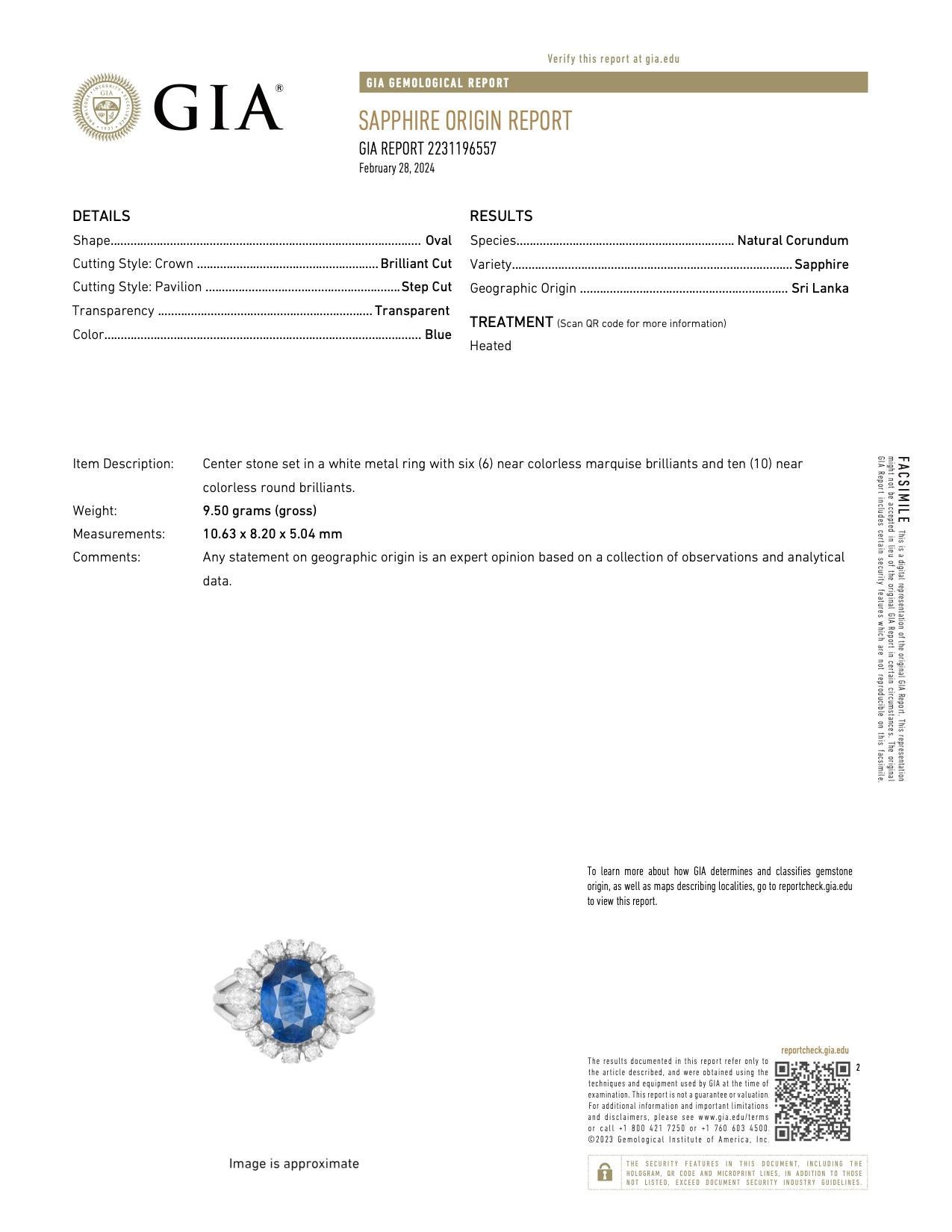 Mid-Century GIA 3.94 Carat Ceylon Sapphire Diamond Platinum Ring For Sale 1