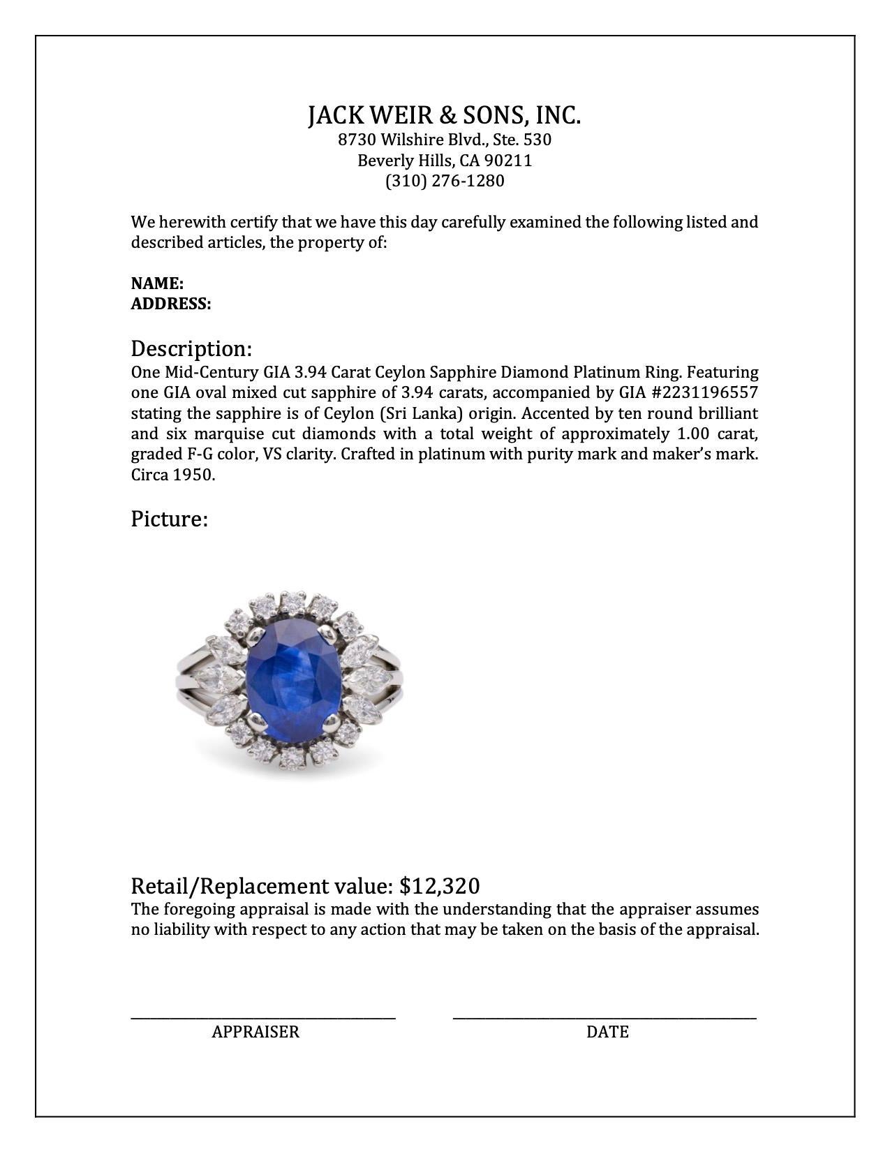Bague en platine GIA 3,94 carats saphir de Ceylan diamant du milieu du siècle en vente 2
