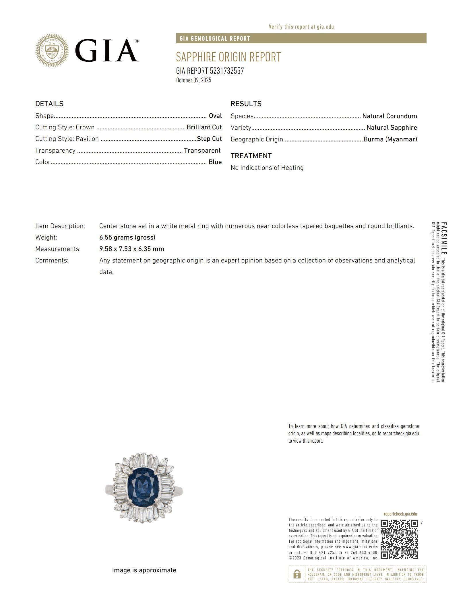 Bague en platine GIA de 4,00 carats de saphir de Birmanie sans chaleur Bon état - En vente à Beverly Hills, CA