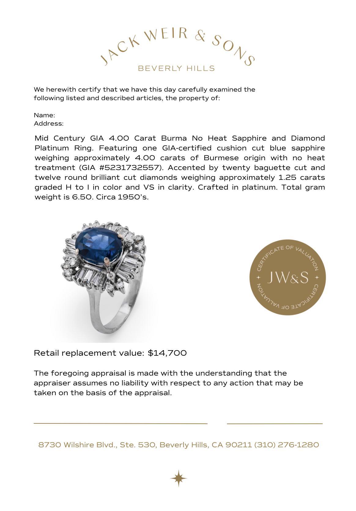 Bague en platine GIA de 4,00 carats de saphir de Birmanie sans chaleur Pour femmes en vente