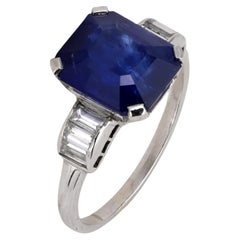 Anillo de platino con diamante y zafiro GIA de 4,02 quilates de mediados de siglo