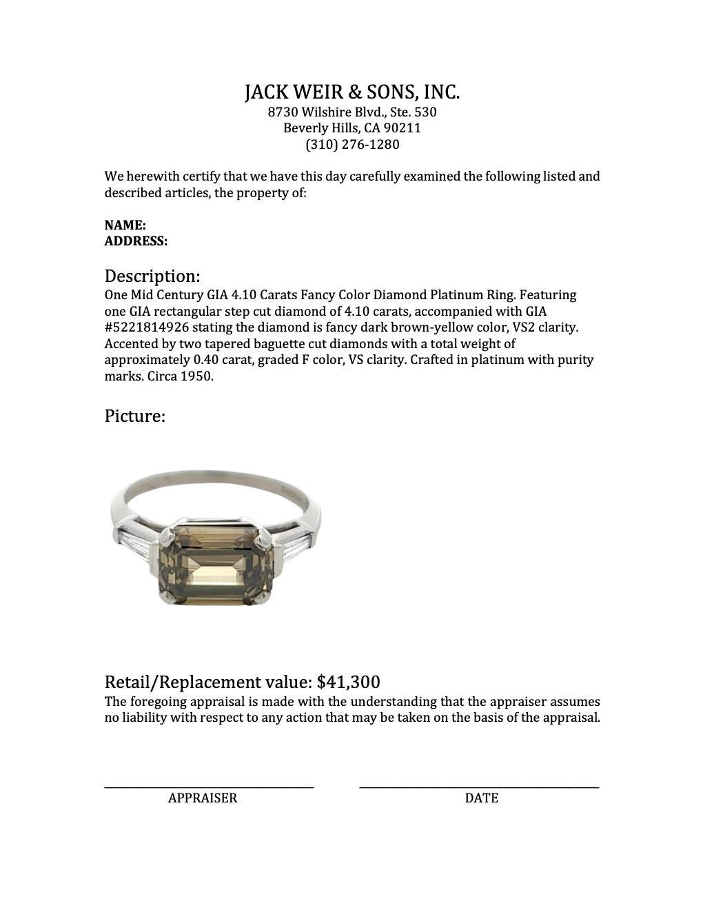 Midcentury GIA 4.10 Carats Fancy Color Diamond Platinum Ring 3