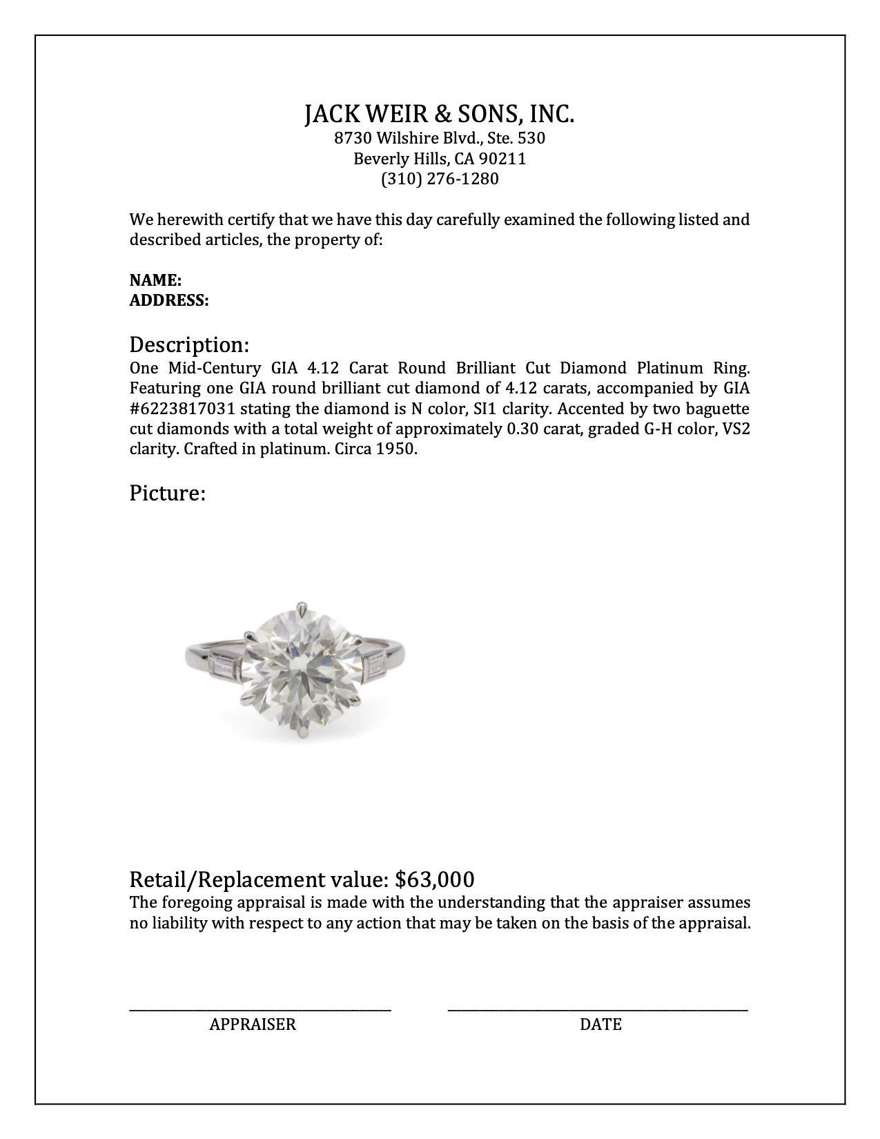 Mid-Century GIA 4.12 Carat Round Brilliant Cut Diamond Platinum Ring For Sale 2