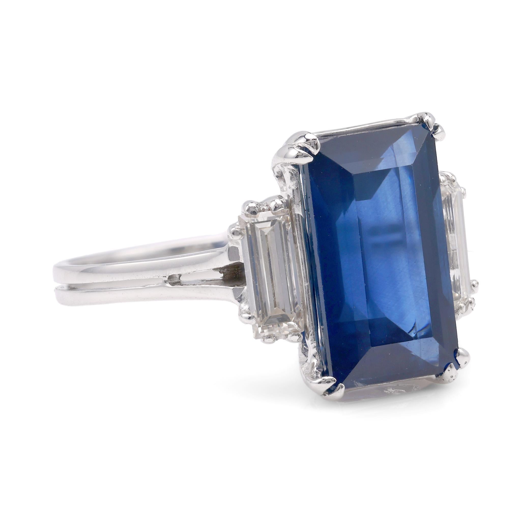 Baguette Cut Mid-Century GIA 4.22 Carat Rectangular Cut Sapphire Diamond 18K White Gold Ring