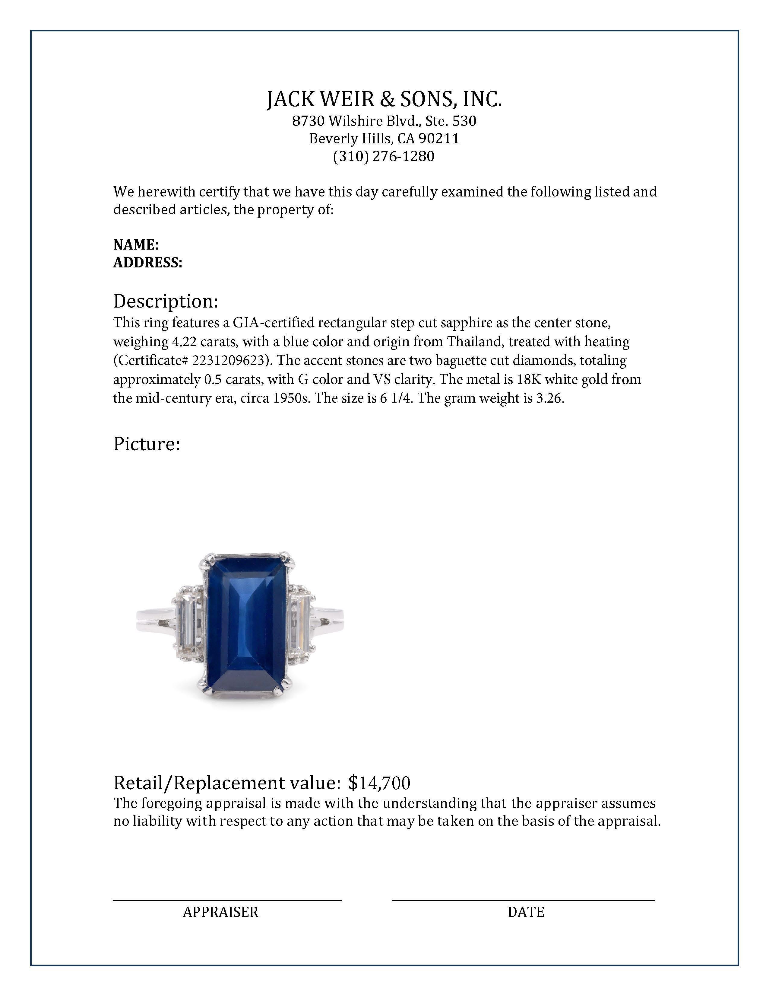 Mid-Century GIA 4.22 Carat Rectangular Cut Sapphire Diamond 18K White Gold Ring In Excellent Condition In Beverly Hills, CA