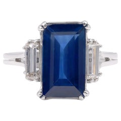 Mid-Century GIA 4.22 Carat Rectangular Cut Sapphire Diamond 18K White Gold Ring