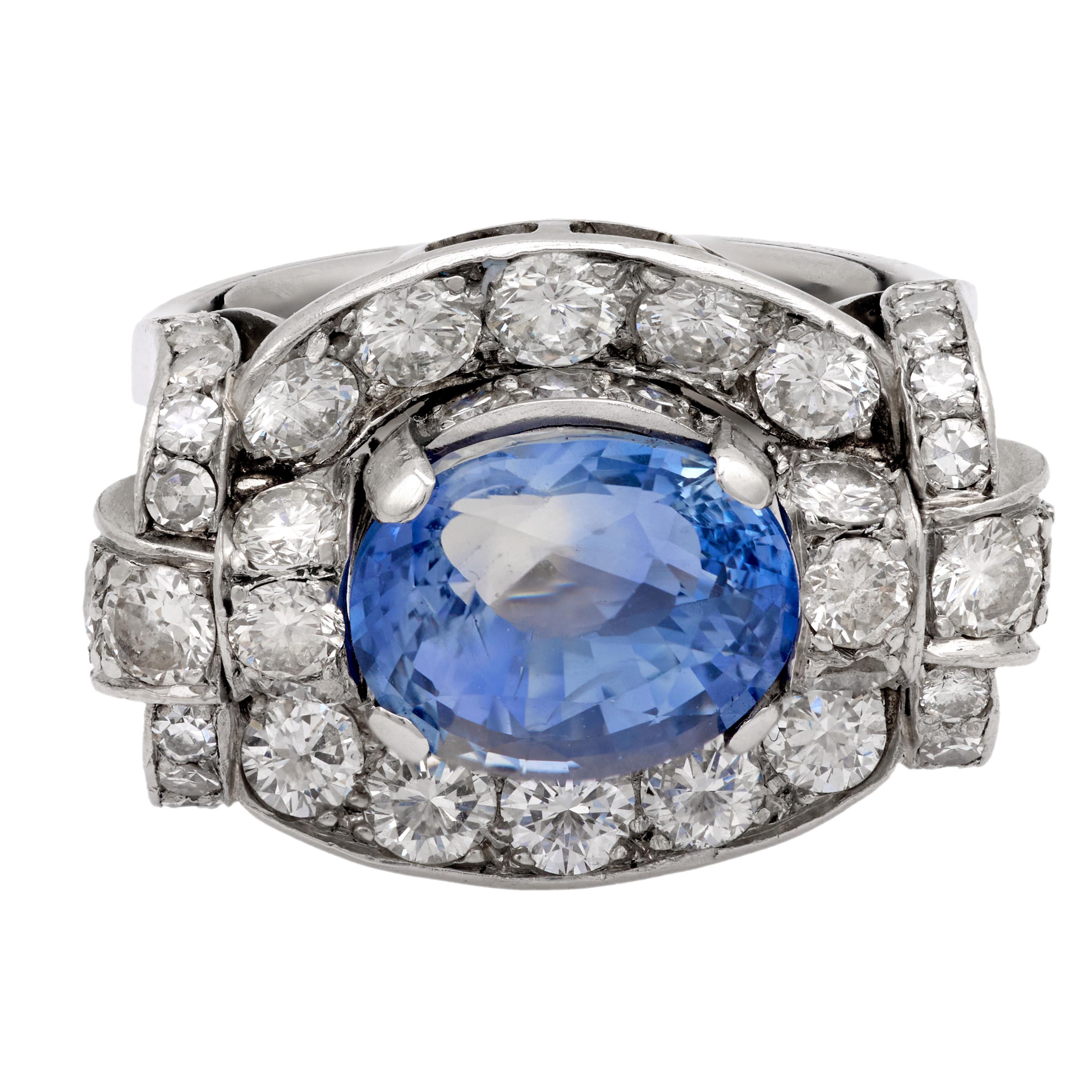 Modern Mid Century GIA 4.55 carat no heat sapphire diamond platinum tank ring For Sale