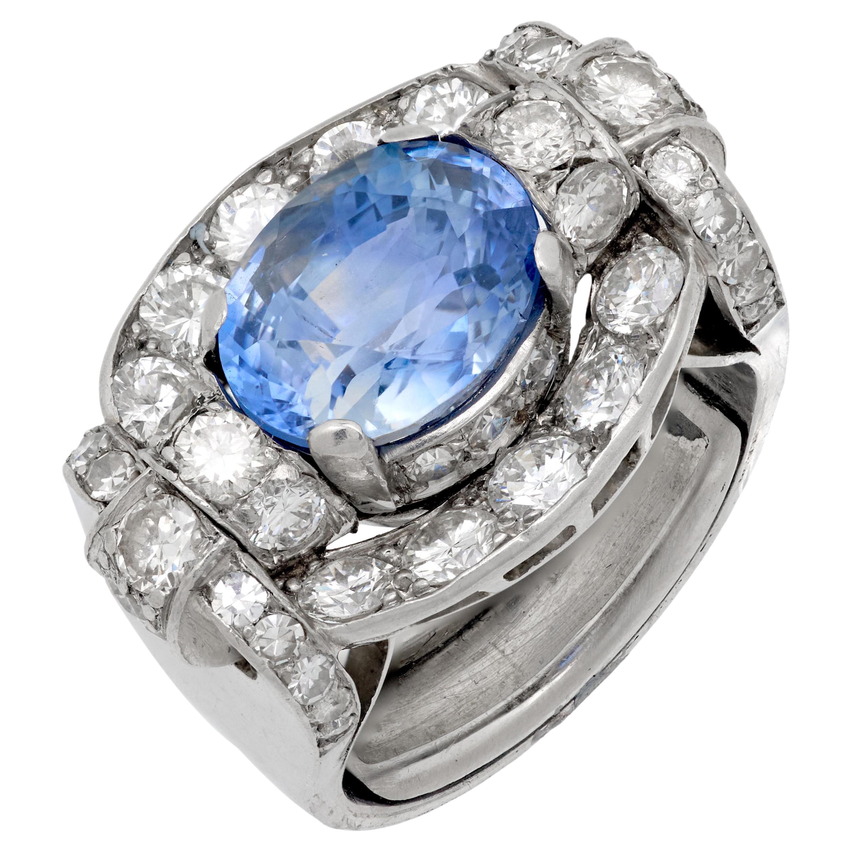 Mid Century GIA 4.55 carat no heat sapphire diamond platinum tank ring For Sale