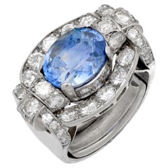 Mid Century GIA 4.55 carat no heat sapphire diamond platinum tank ring