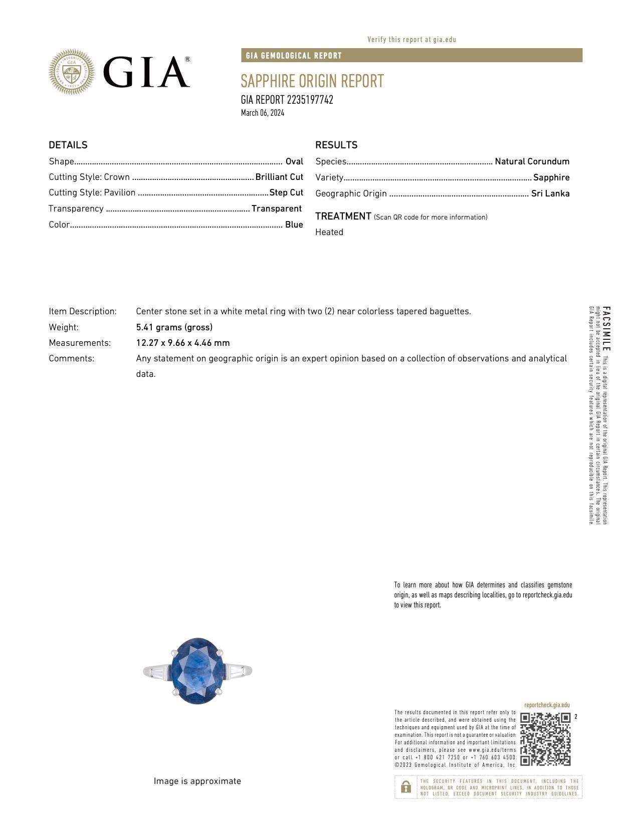 Women's or Men's Mid-Century GIA 4.58 Carat Ceylon Sapphire Diamond Platinum Ring For Sale