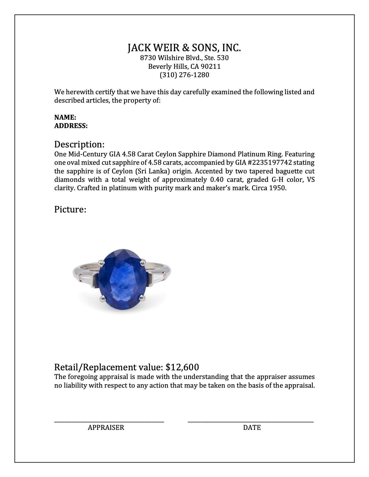 Bague en platine GIA 4.58 carats saphir de Ceylan diamant du milieu du siècle en vente 1