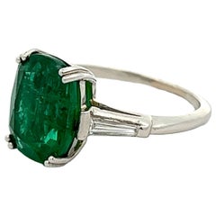 Vintage Midcentury GIA 4.59 Carats Zambian Emerald Diamond Platinum Ring