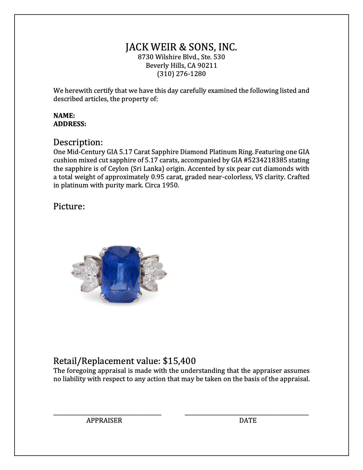 Women's or Men's Mid-Century GIA 5.17 Carat Sapphire Diamond Platinum Ring For Sale