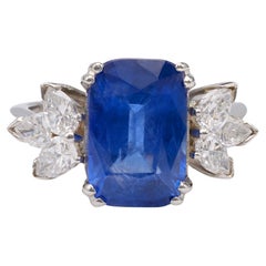 Vintage Mid-Century GIA 5.17 Carat Sapphire Diamond Platinum Ring