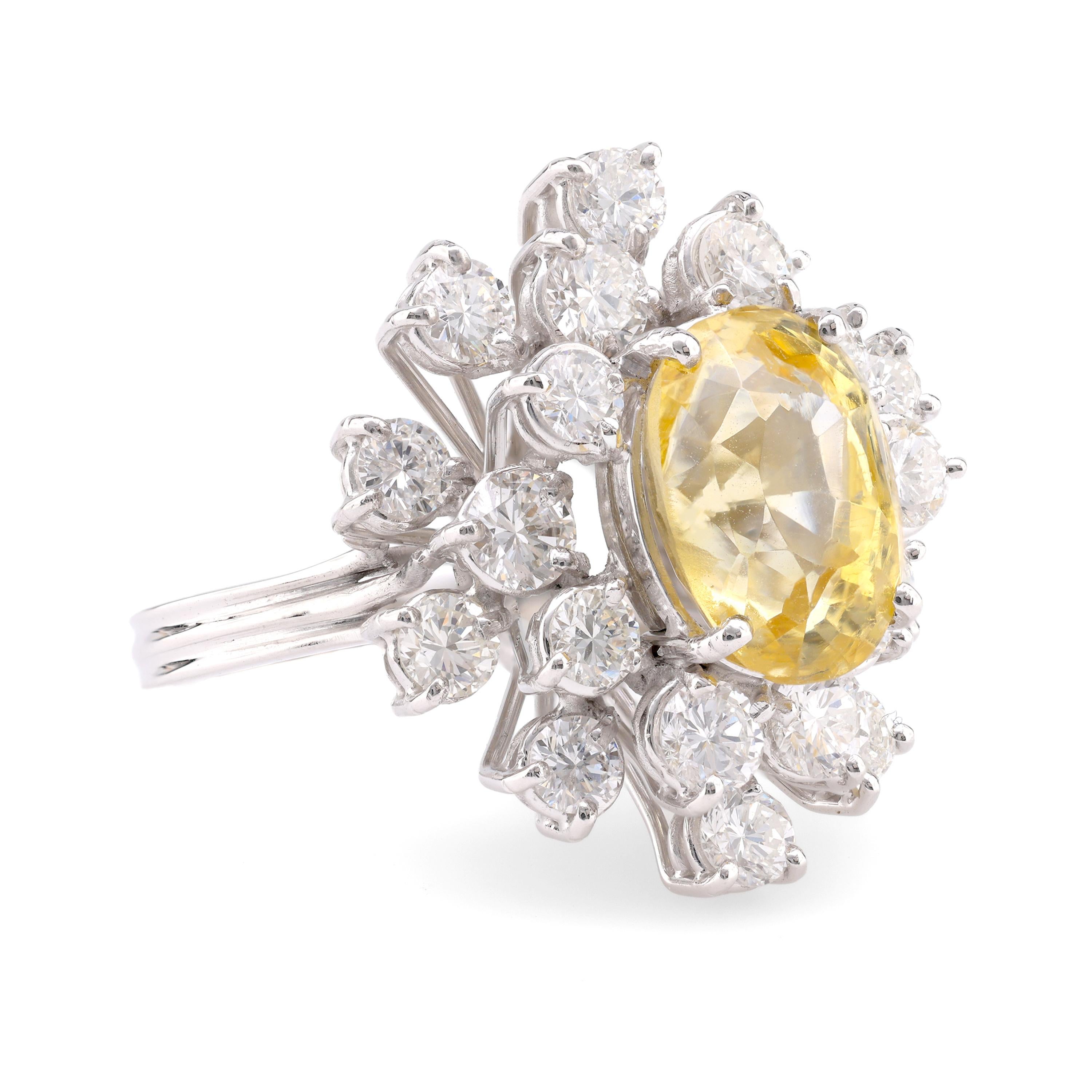 Oval Cut Mid-Century GIA 5.20 Carat No Heat Sapphire Diamond 18K White Gold Cocktail Ring For Sale