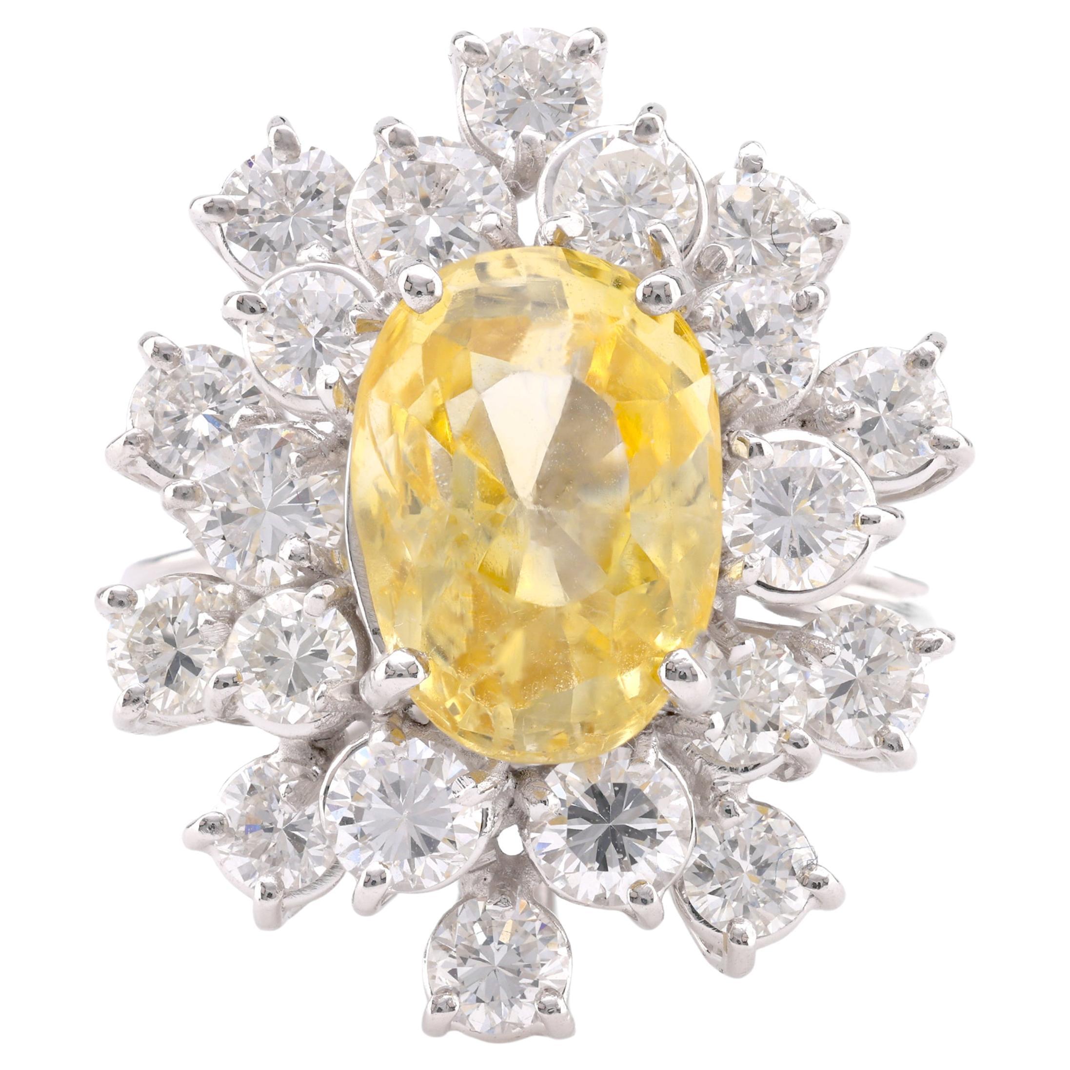 Mid-Century GIA 5.20 Carat No Heat Sapphire Diamond 18K White Gold Cocktail Ring