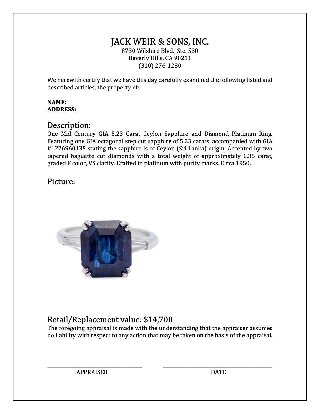 Platinring mit GIA 5,23 Karat Ceylon-Saphir und Diamant aus der Mitte des Jahrhunderts 3