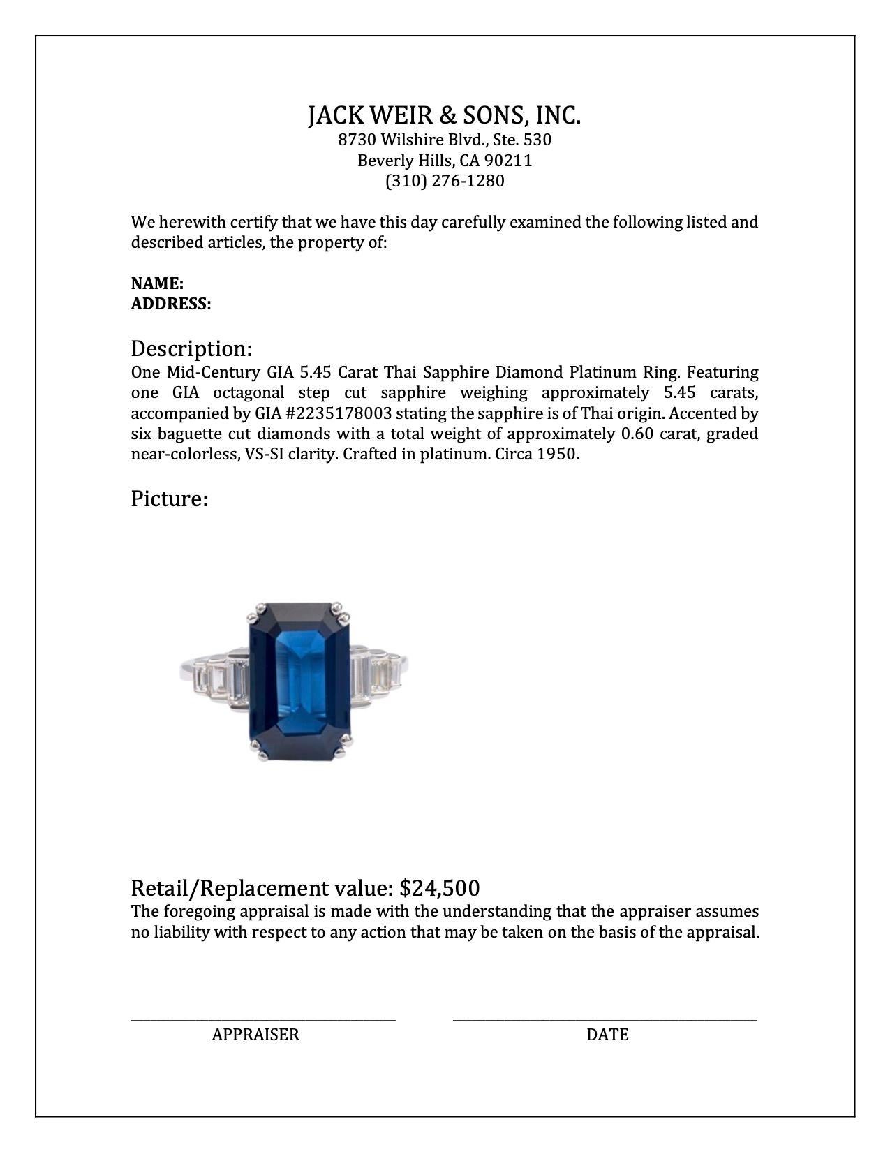 Mid-Century GIA 5.45 Carat Thai Sapphire Diamond Platinum Ring 2