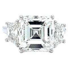 Mid-Century GIA 5.83 Carat Asscher Cut Diamond Platinum Three Stone Ring