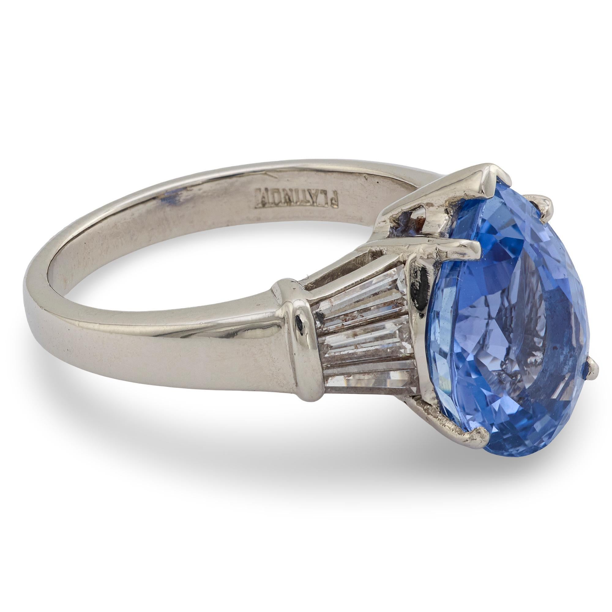 Mid Century GIA 6.16 carat Ceylon sapphire diamond platinum ring For Sale 1