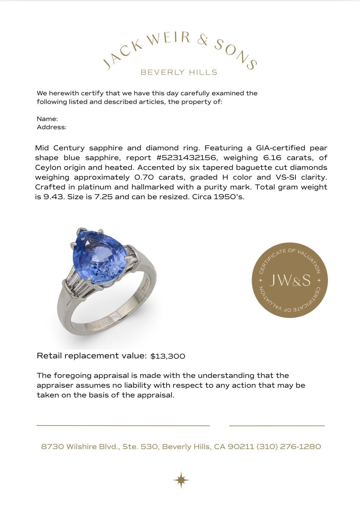 Mid Century GIA 6.16 carat Ceylon sapphire diamond platinum ring For Sale 2