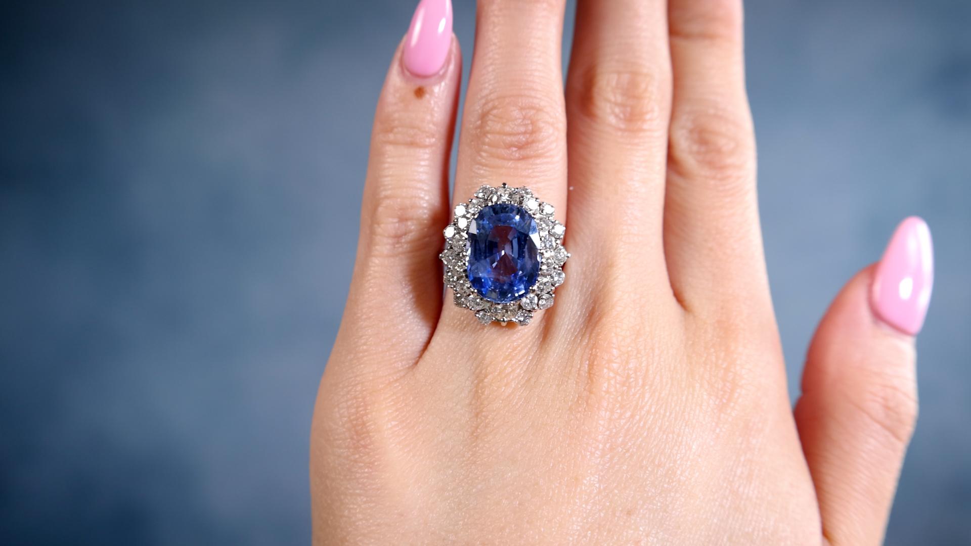Mixed Cut Mid-Century GIA 6.99 Carat Sapphire and Diamond 14k White Gold Cluster Ring For Sale
