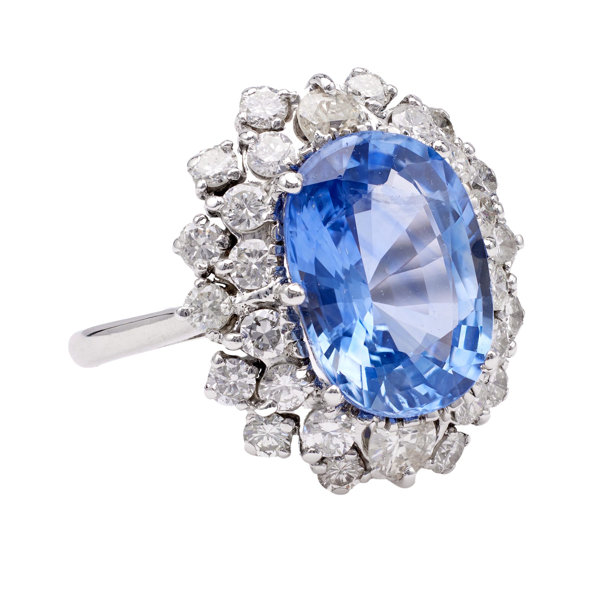 Women's or Men's Mid-Century GIA 6.99 Carat Sapphire and Diamond 14k White Gold Cluster Ring For Sale