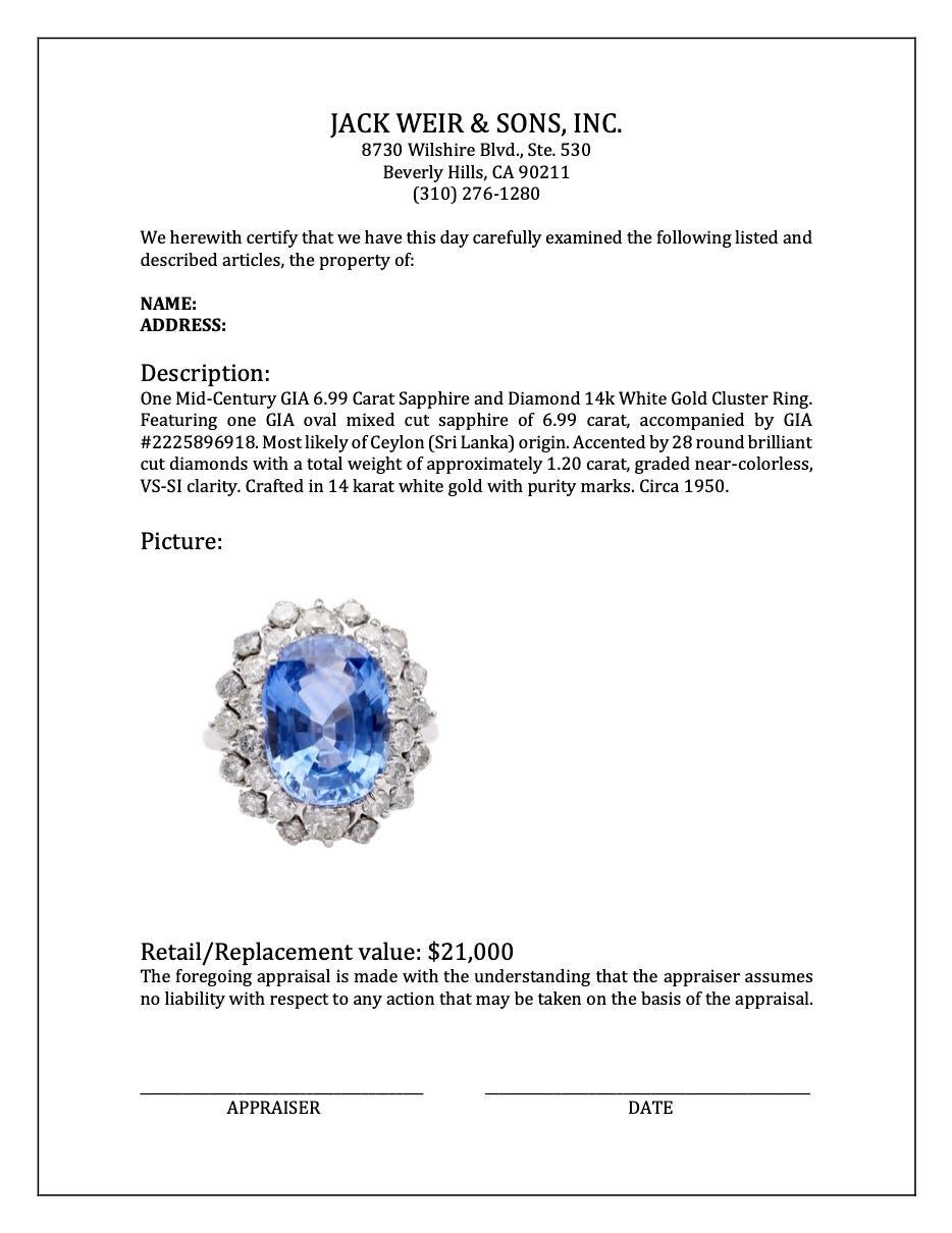 Mid-Century GIA 6.99 Carat Sapphire and Diamond 14k White Gold Cluster Ring For Sale 3