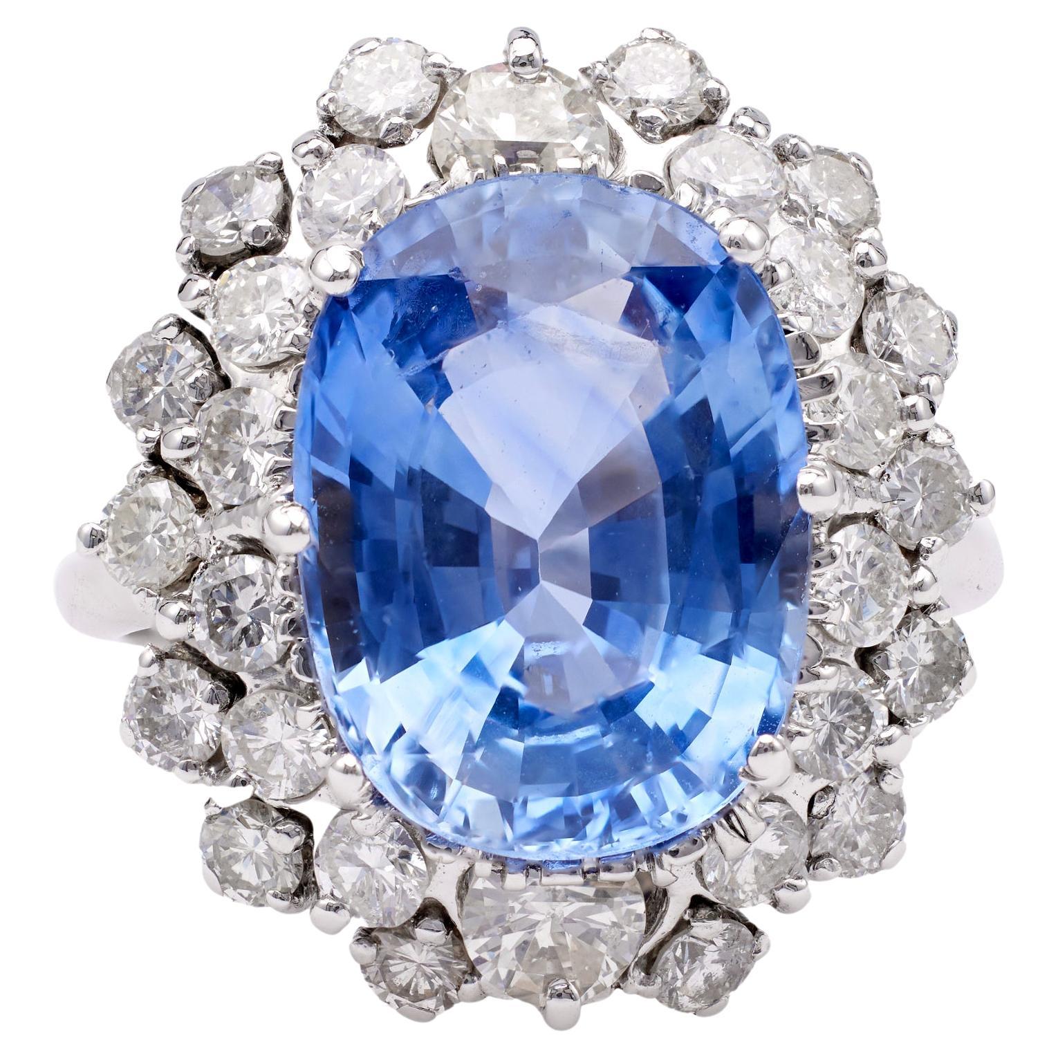 Mid-Century GIA 6.99 Carat Sapphire and Diamond 14k White Gold Cluster Ring For Sale