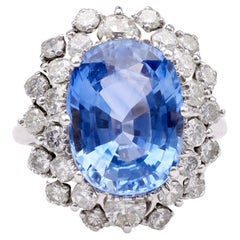Mid-Century GIA 6.99 Carat Sapphire and Diamond 14k White Gold Cluster Ring