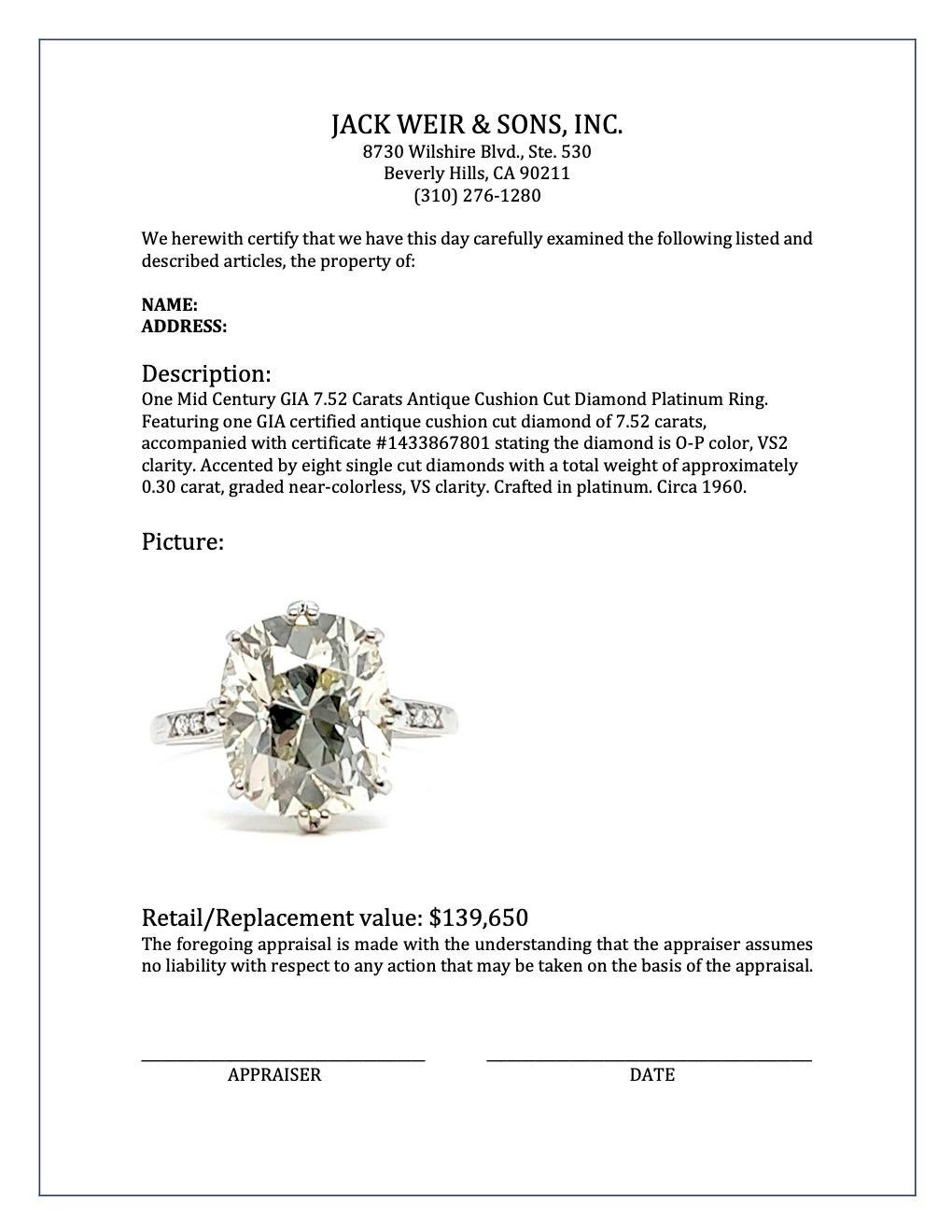 Bague en platine Mid Century GIA 7.52 Carats Antique Cushion Cut Diamond Ring en vente 3