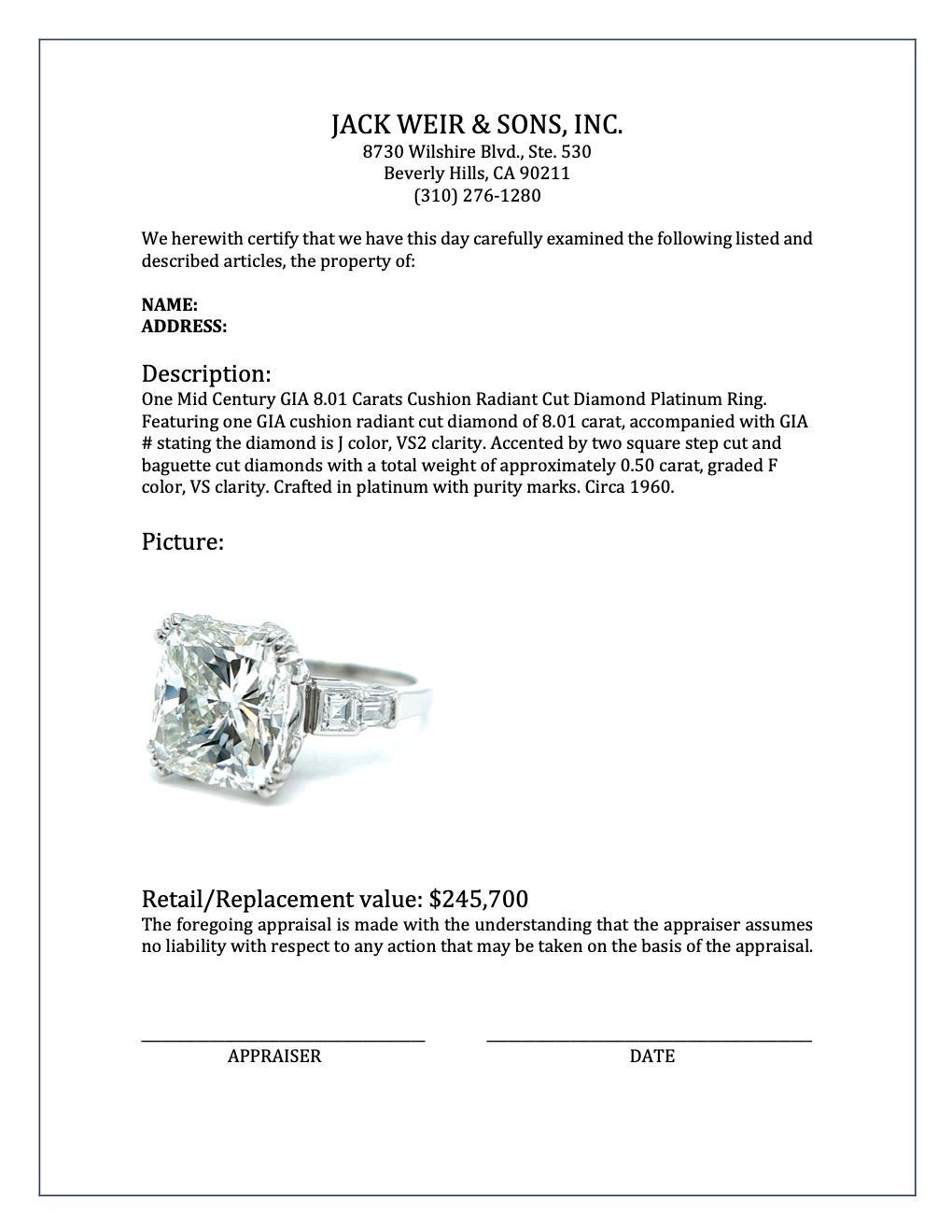 Mid Century GIA 8.01 Carats Cushion Radiant Cut Diamond Platinum Ring 2