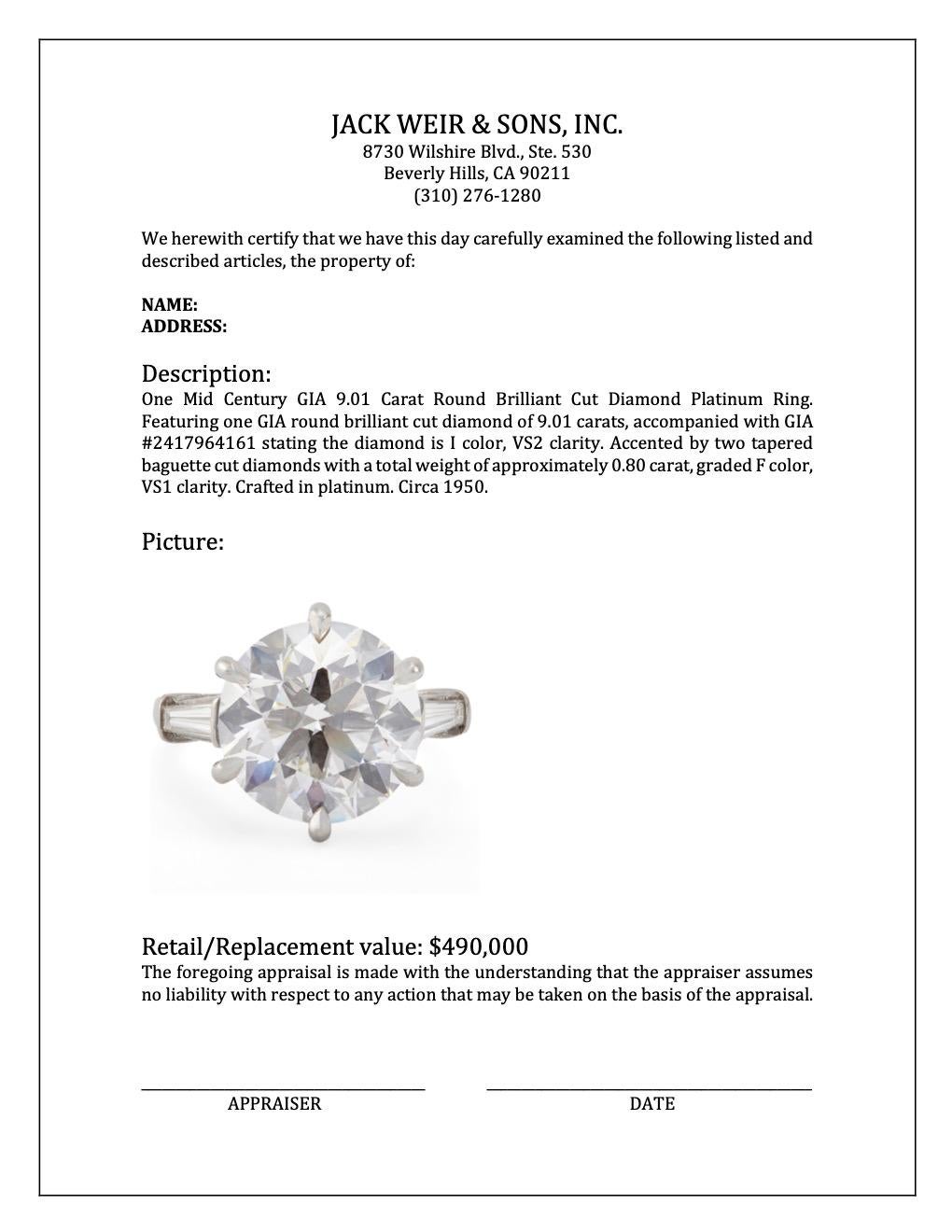 Mid Century GIA 9.01 Carat Round Brilliant Cut Diamond Platinum Ring For Sale 3