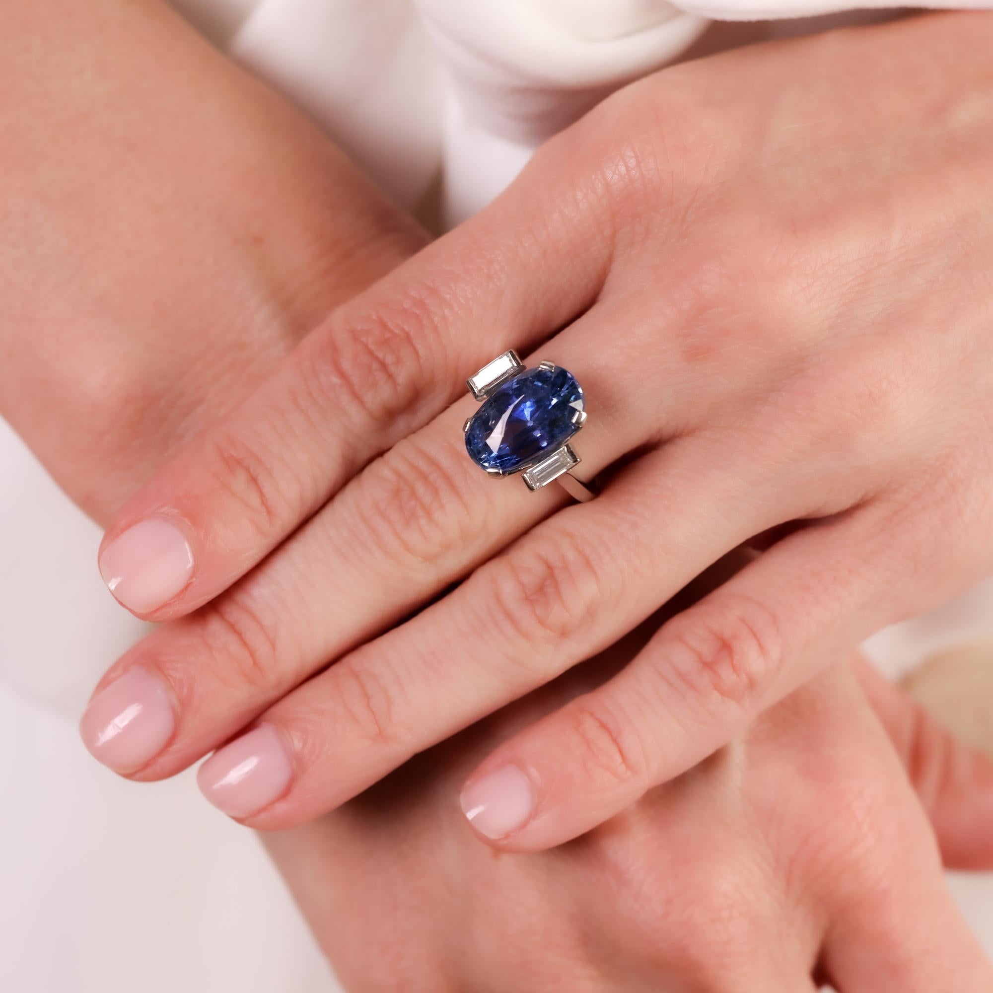 Oval Cut Mid Century GIA 9.80 carat no heat sapphire diamond platinum ring