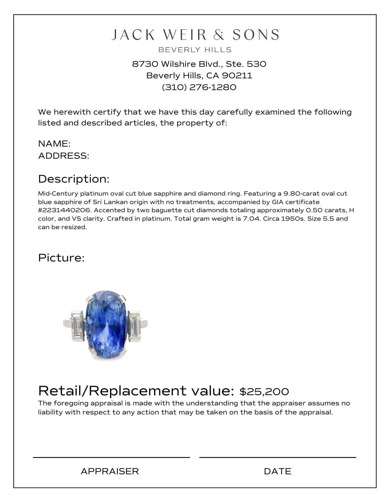 Women's or Men's Mid Century GIA 9.80 carat no heat sapphire diamond platinum ring
