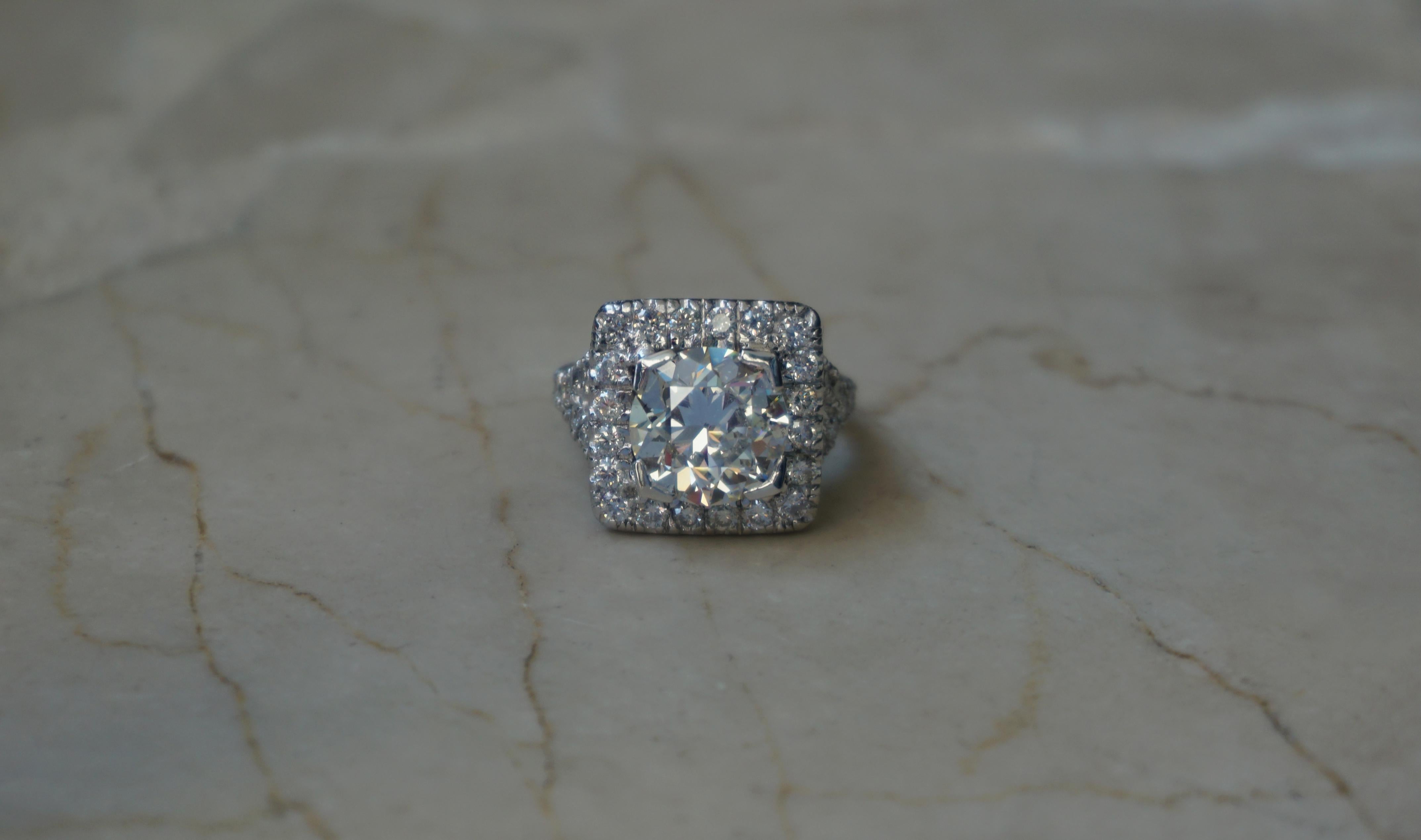 Old European Cut Mid-Century GIA Certified 3.87 Carat European Diamond Halo Ring For Sale