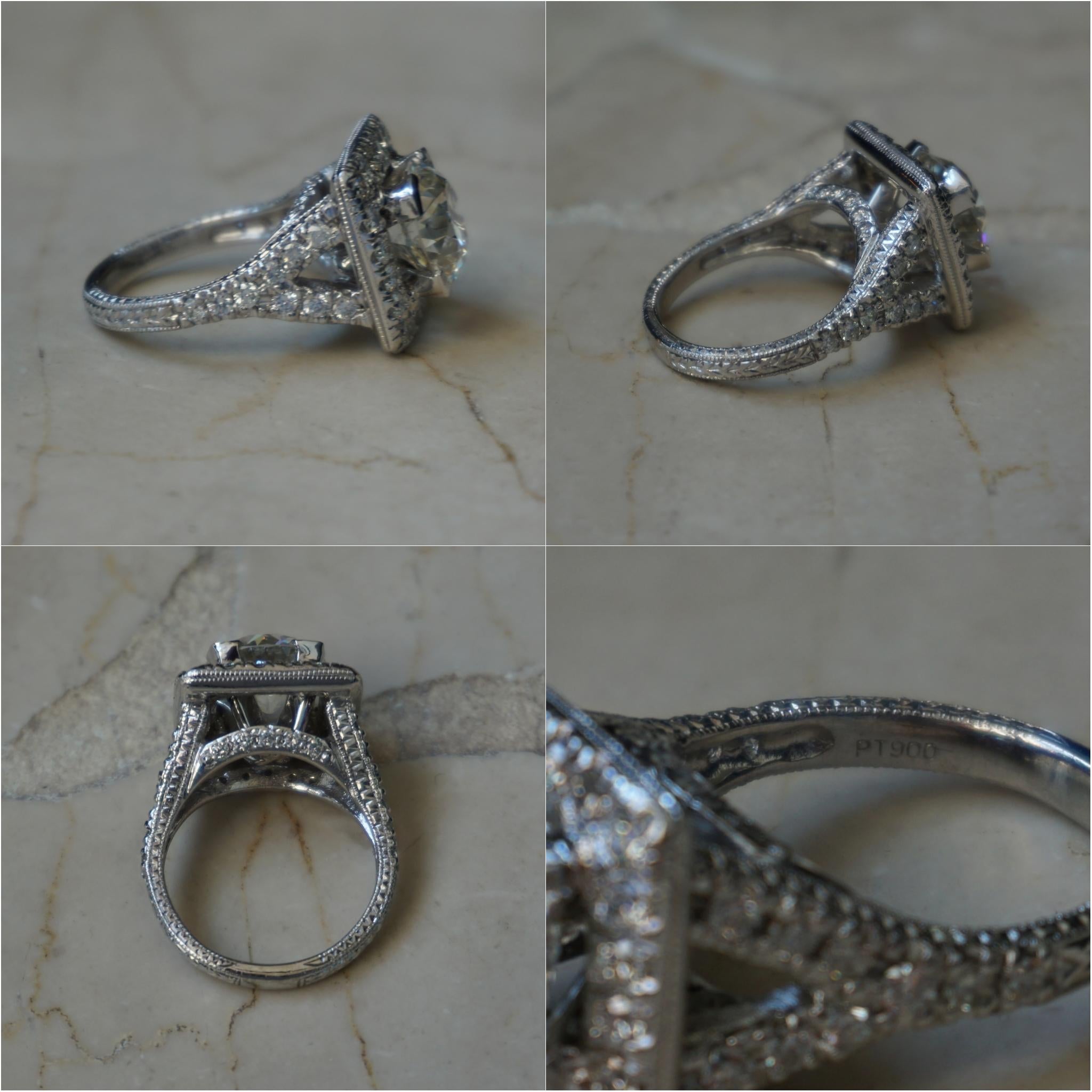 Mid-Century GIA Certified 3.87 Carat European Diamond Halo Ring For Sale 2
