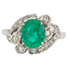 Mid Century GIA Colombian Emerald and Diamond Platinum Ring