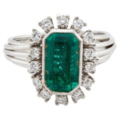 Mid Century GIA Colombian Emerald Diamond 18k White Gold Cluster Ring