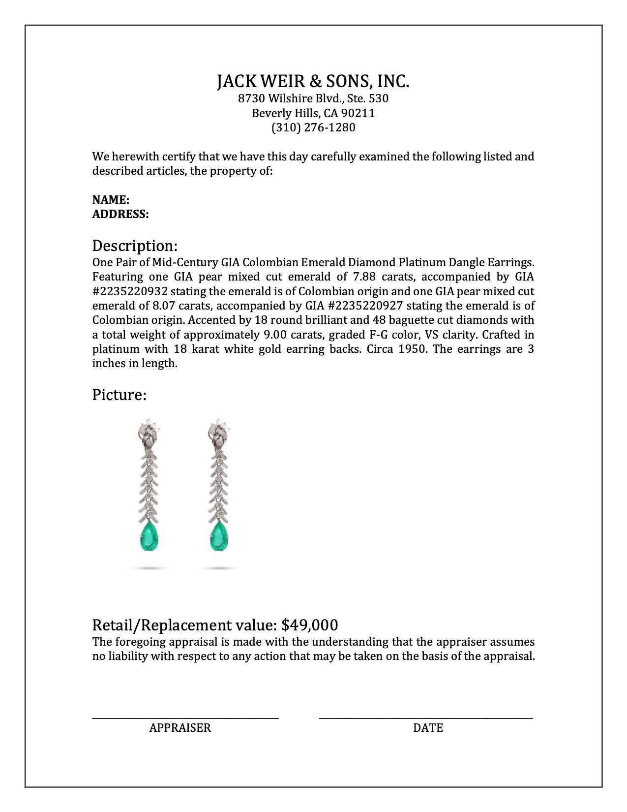 Mid-Century GIA Colombian Emerald Diamond Platinum Dangle Earrings For Sale 1