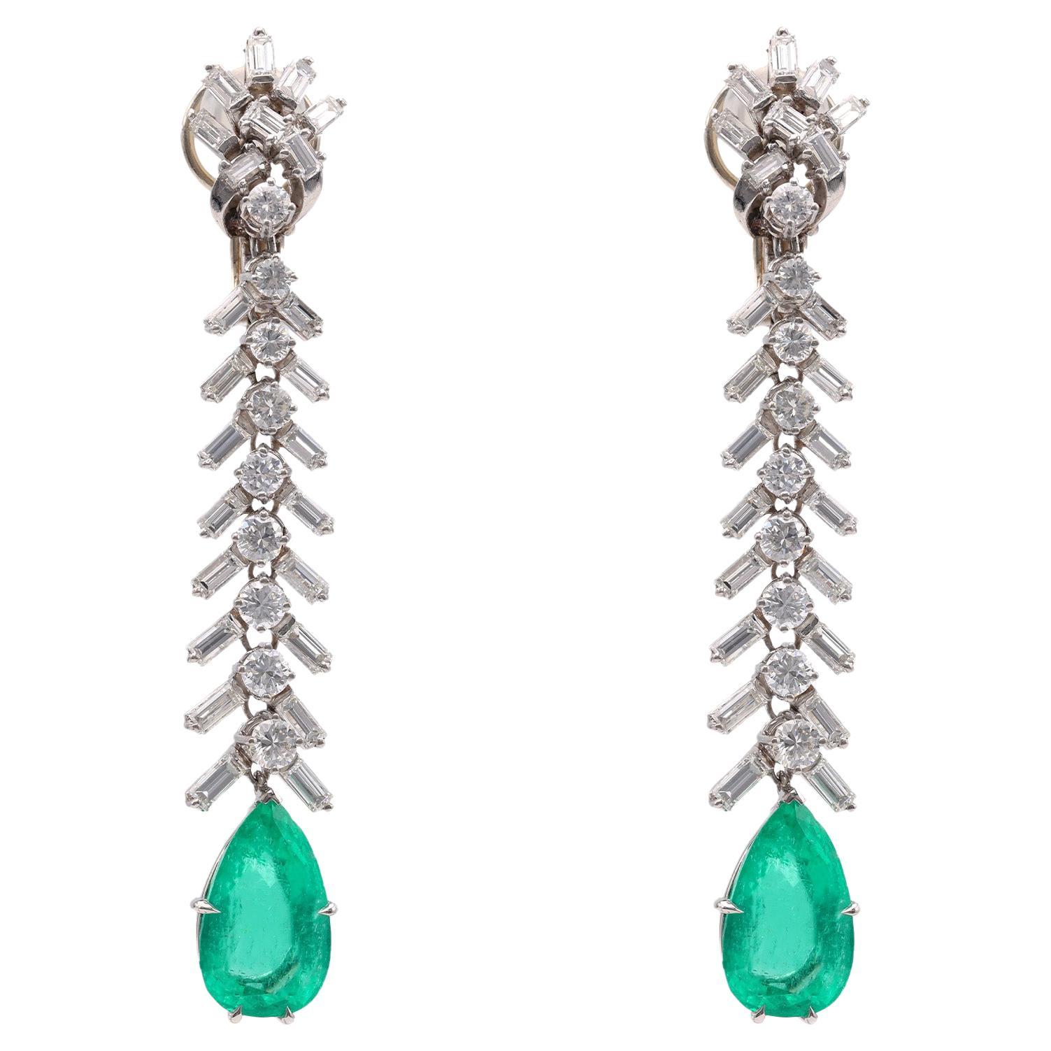 Mid-Century GIA Colombian Emerald Diamond Platinum Dangle Earrings For Sale