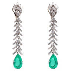 Vintage Mid-Century GIA Colombian Emerald Diamond Platinum Dangle Earrings