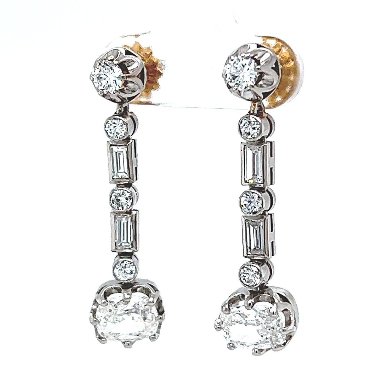 Mid-Century GIA 0.91ct/0.90ct Cushion Cut Diamond Platinum Dangle Drop Earrings 1