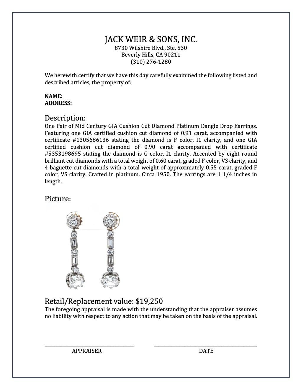 Mid-Century GIA 0.91ct/0.90ct Cushion Cut Diamond Platinum Dangle Drop Earrings 4