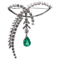 Mid Century GIA Emerald Diamond White Gold Brooch