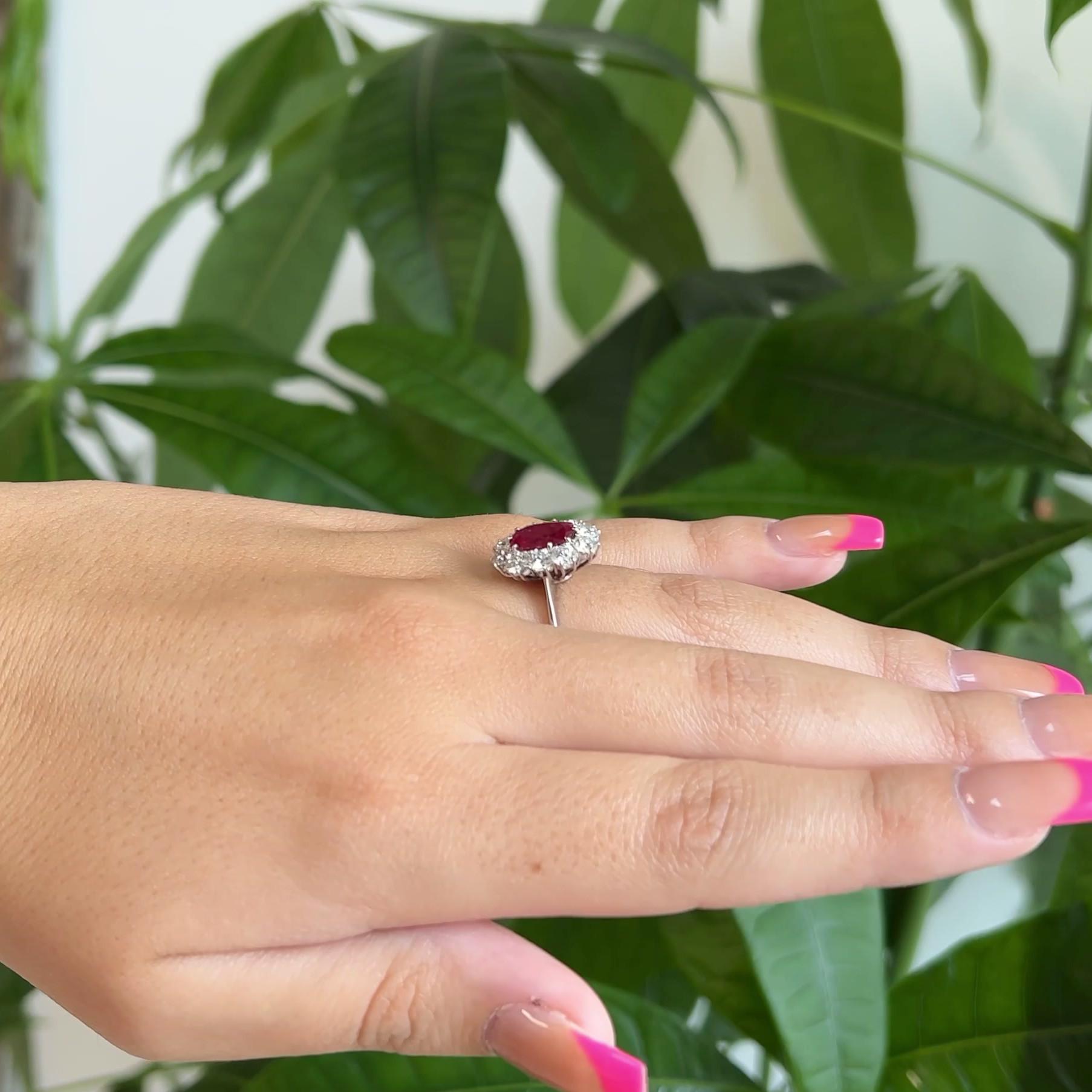 Mid-Century GIA 1.13ct No Heat Burma Ruby Diamond 18 Karat White Gold Halo Ring In Excellent Condition In Beverly Hills, CA