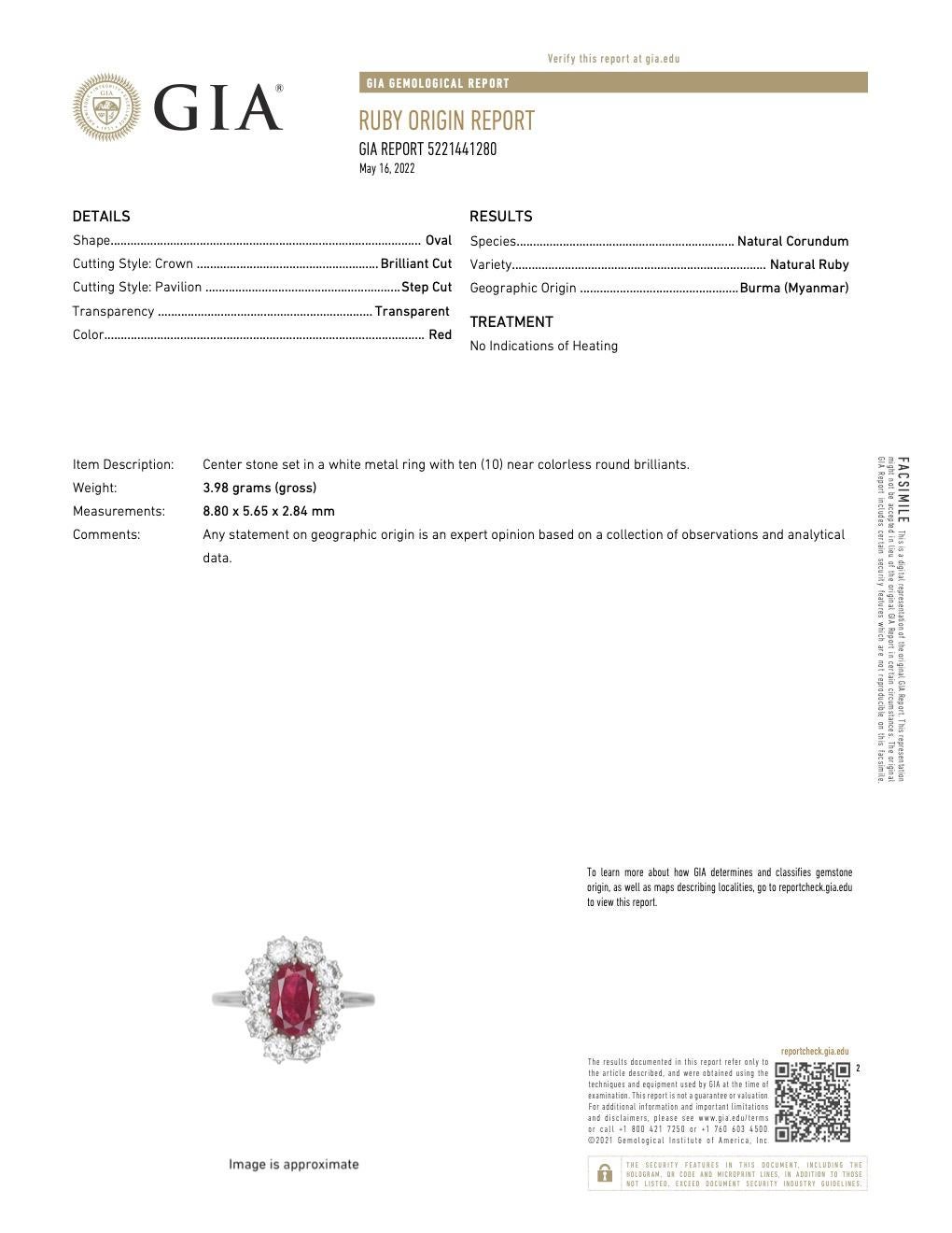 Mid-Century GIA 1.13ct No Heat Burma Ruby Diamond 18 Karat White Gold Halo Ring 3